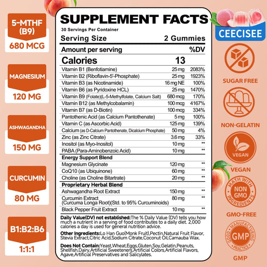Ceecisee peach-flavor B complex gummies closeup showing a full bottle