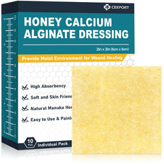 Ceeport Manuka Honey calcium alginate dressing box front, showing packaging for sensitive skin
