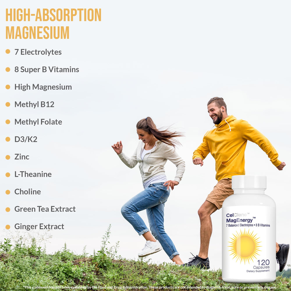 CELCLENE MagEnergy tablet pack with 8 Super B vitamins for energy and focus.