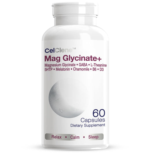 CELCLENE Magnesium Glycinate bottle supports calm mood and restful sleep.