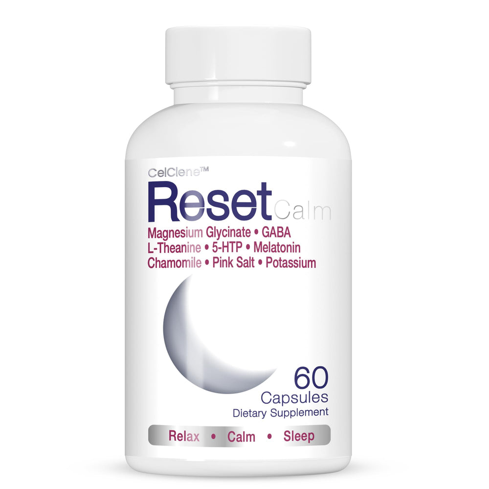 CELCLENE ResetCalm Night bottle-front promoting calm relief for evenings.