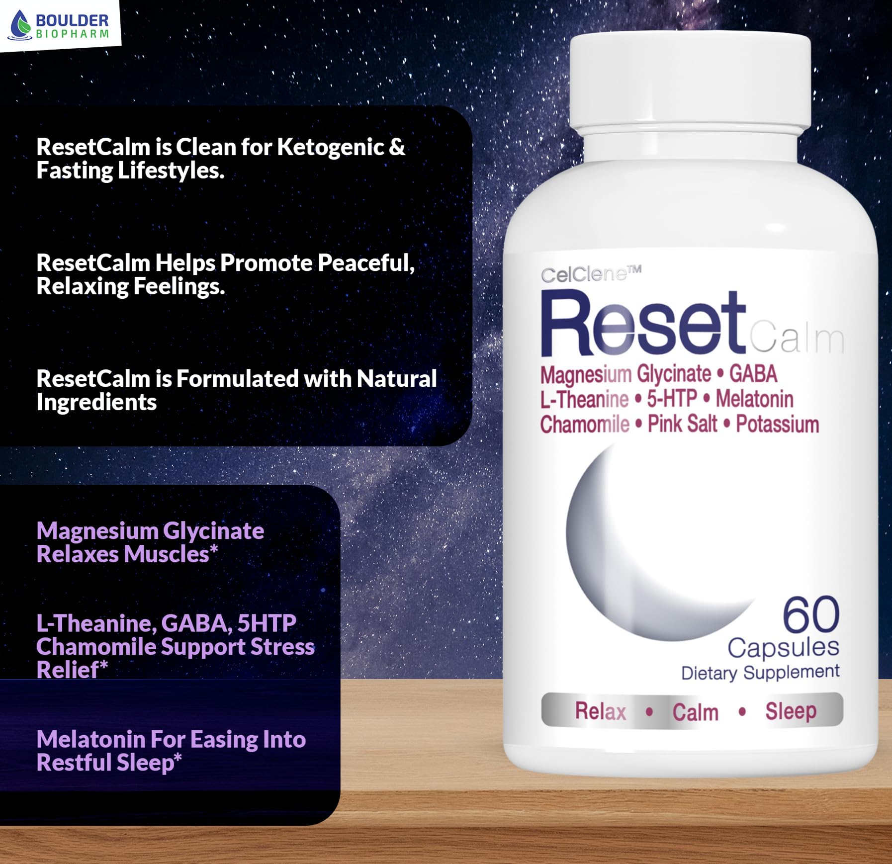 CELCLENE ResetCalm Night packaging box on display for convenient nightly use.