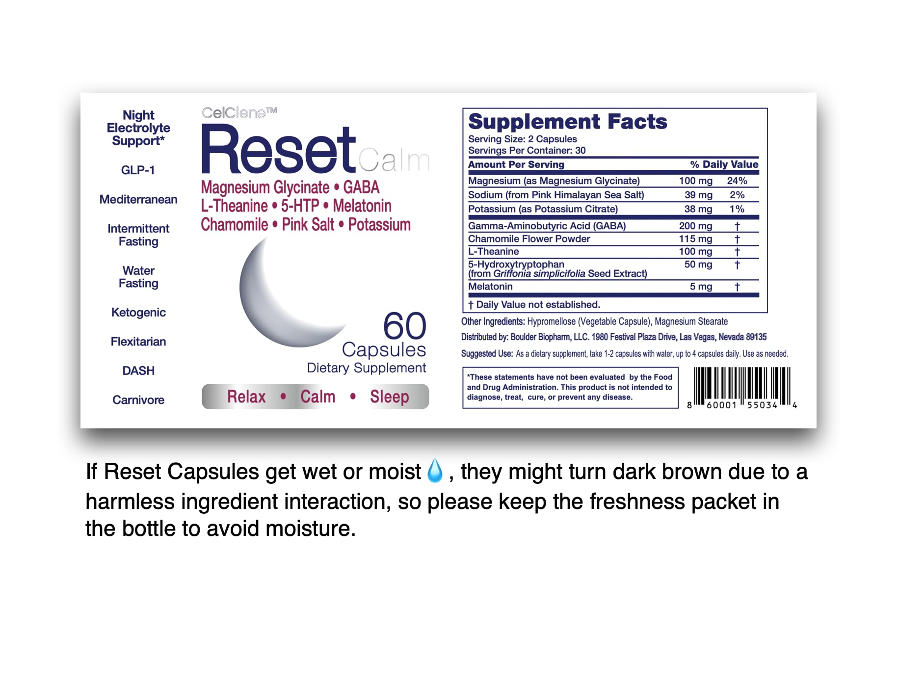 CELCLENE ResetCalm Night relaxation scene with open bottle and water.