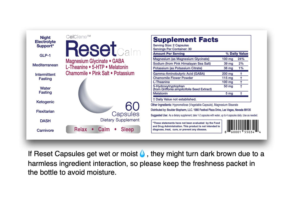 CELCLENE ResetCalm Night relaxation scene with open bottle and water.