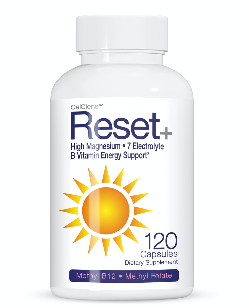 CELCLENE Reset+ bottle front highlighting hydration potential.