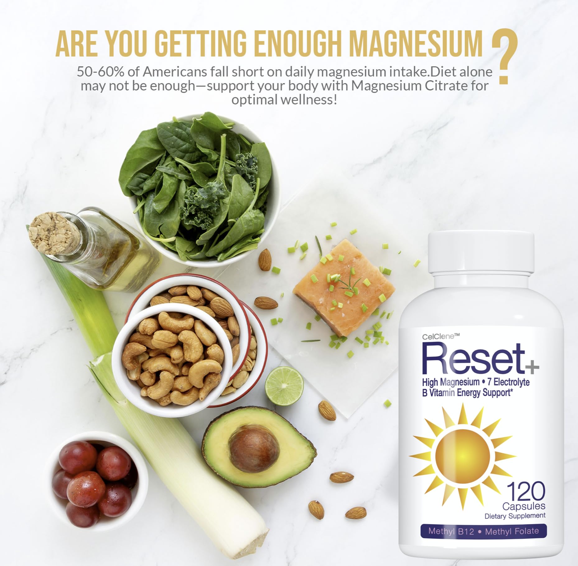 CELCLENE Reset+ ingredients panel highlighting minerals and vitamins.