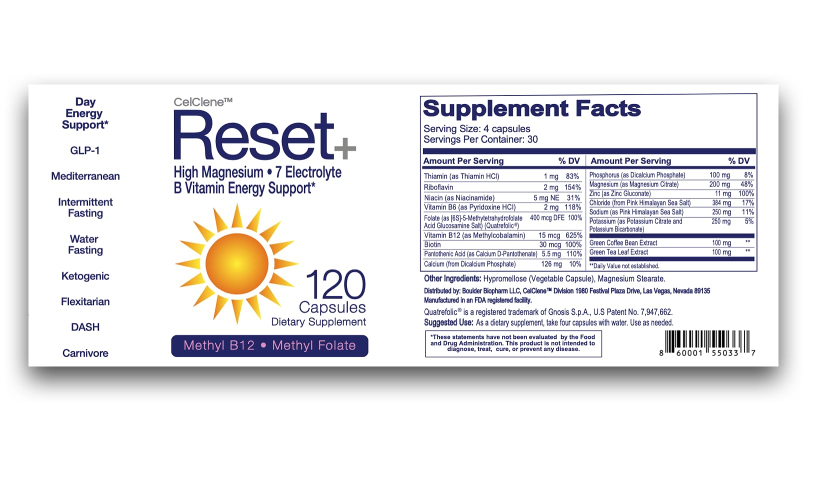 CELCLENE Reset+ nutrition facts close-up with electrolytes.