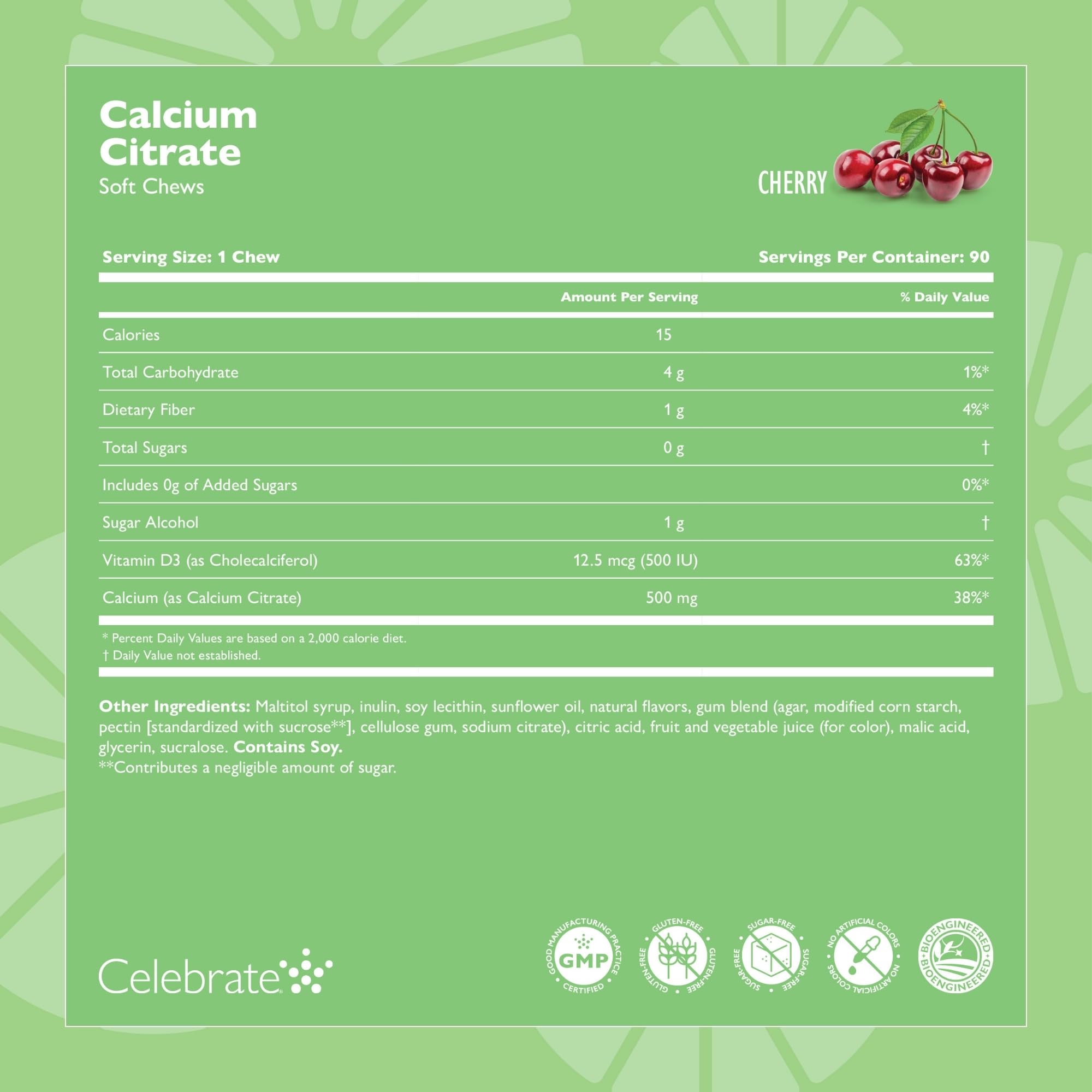 Graphic highlights calcium citrate absorption with Celebrate Bariatric chew for bioavailability.