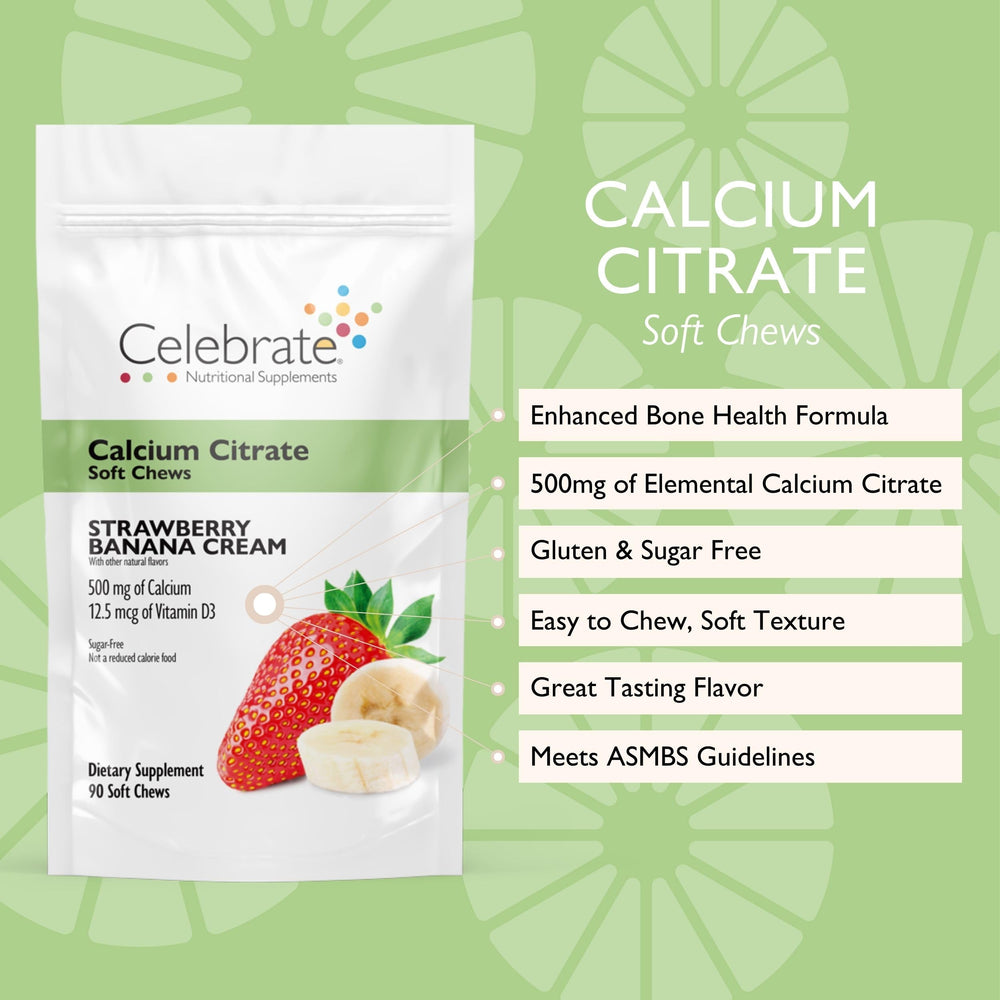 Celebrate Bariatric Calcium Citrate Soft Chews bottle side — 500 mg calcium per chew.