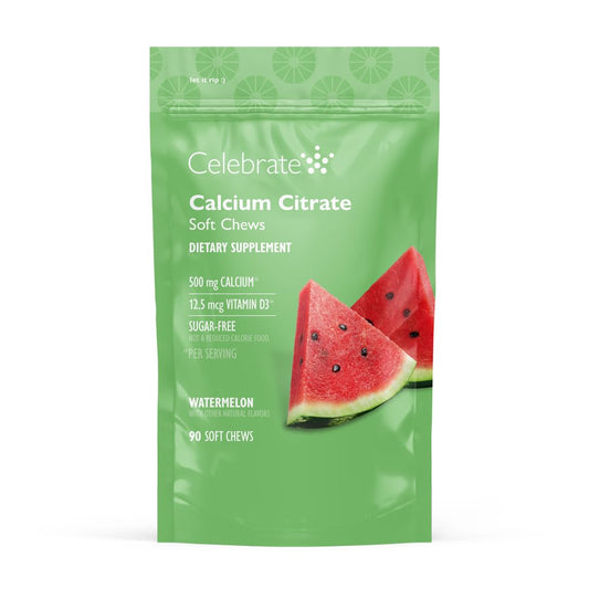 Celebrate Bariatric calcium citrate soft chews melon bottle; sugar-free calcium with vitamin D3.