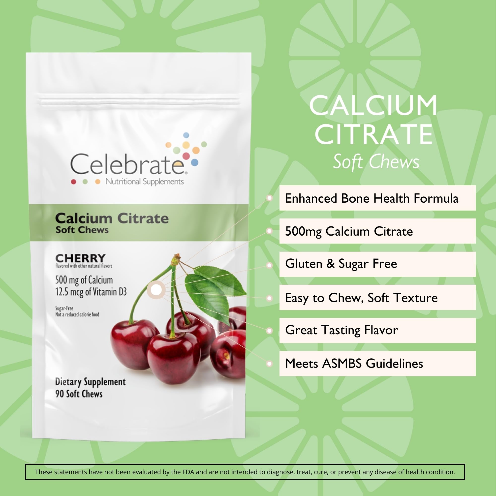 Close-up of Celebrate Bariatric calcium chew in cherry flavor with smooth texture.