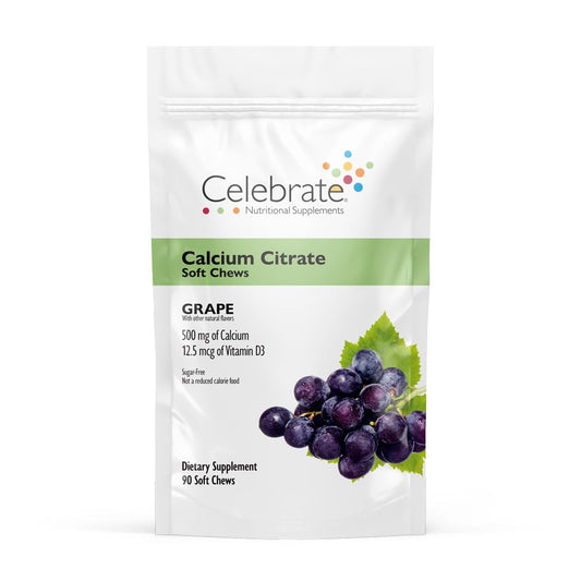 Celebrate Bariatric Calcium Soft Chews grape bottle; supports bone health and daily nutrition.