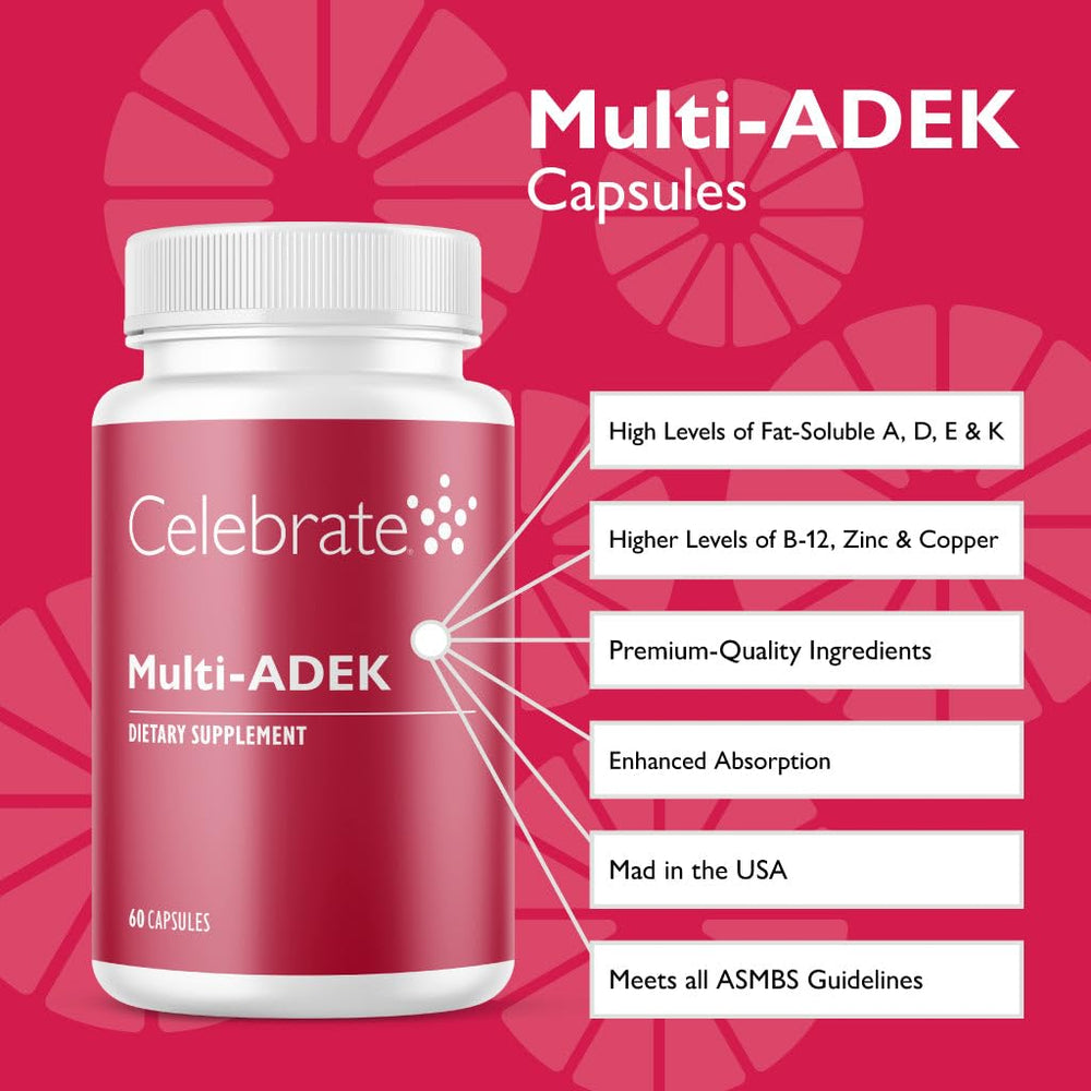 Celebrate Bariatric Multivitamin label highlights ADEK and iron-free formula.
