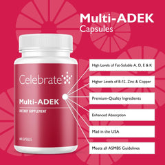 Celebrate Bariatric Multivitamin label highlights ADEK and iron-free formula.