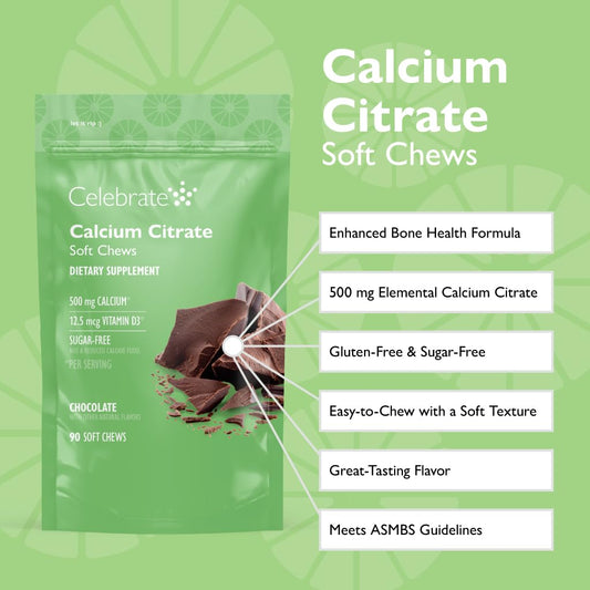 Celebrate Bariatric calcium citrate soft chews chocolate close-up texture showing smooth chew, no gritty aftertaste