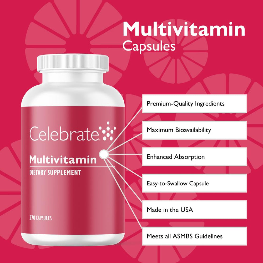 Close-up of Celebrate Vitamins bariatric multivitamin capsules for easy swallowing.