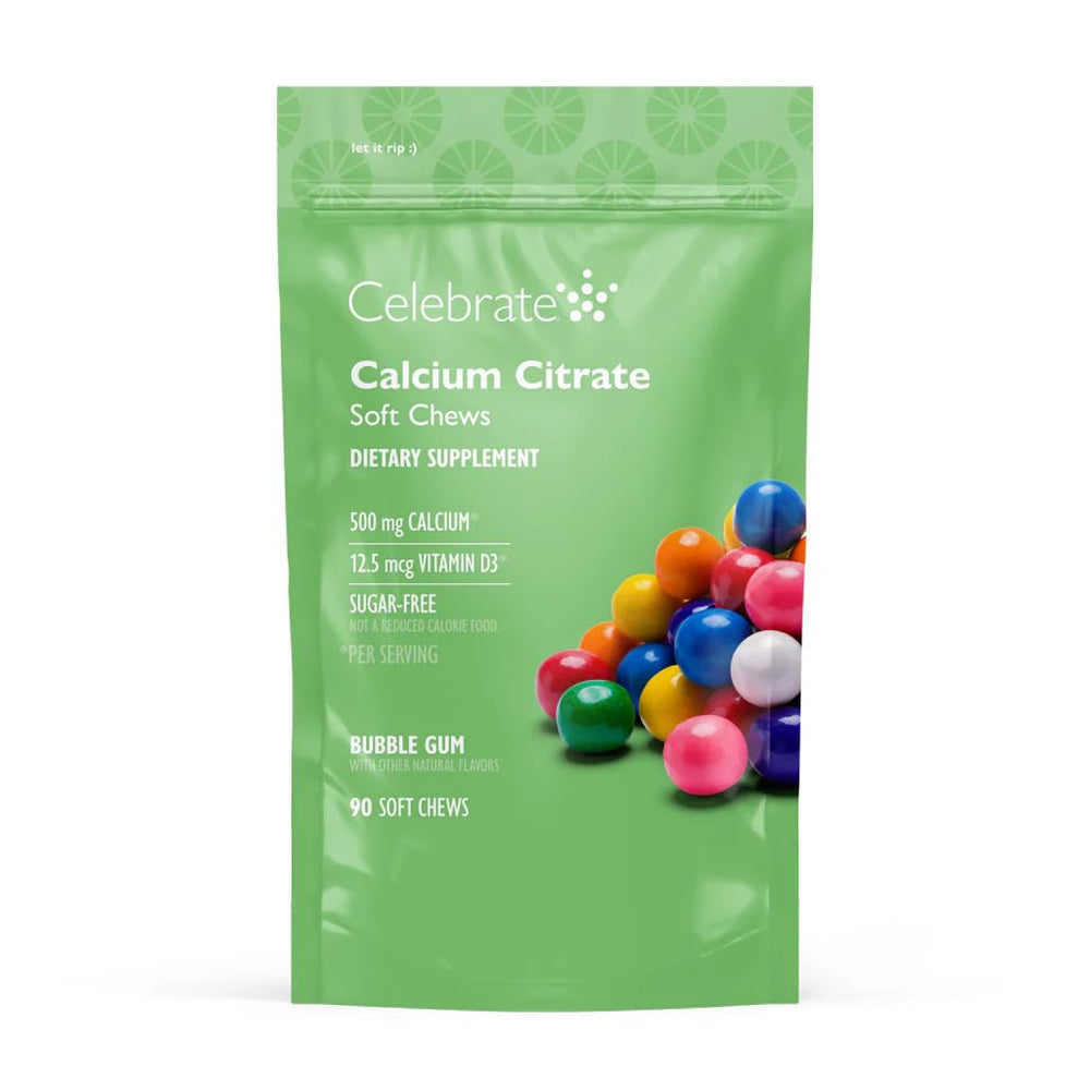 Celebrate Vitamins Bariatric soft chews bottle shows convenient calcium and D for daily bone support.