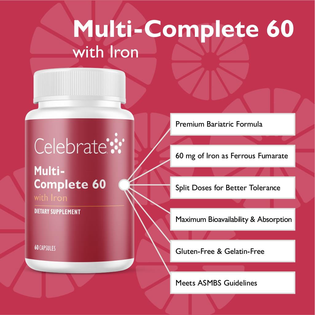 Celebrate Vitamins Multi-Complete bottle-side highlights daily iron support.