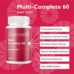Celebrate Vitamins Multi-Complete bottle-side highlights daily iron support.