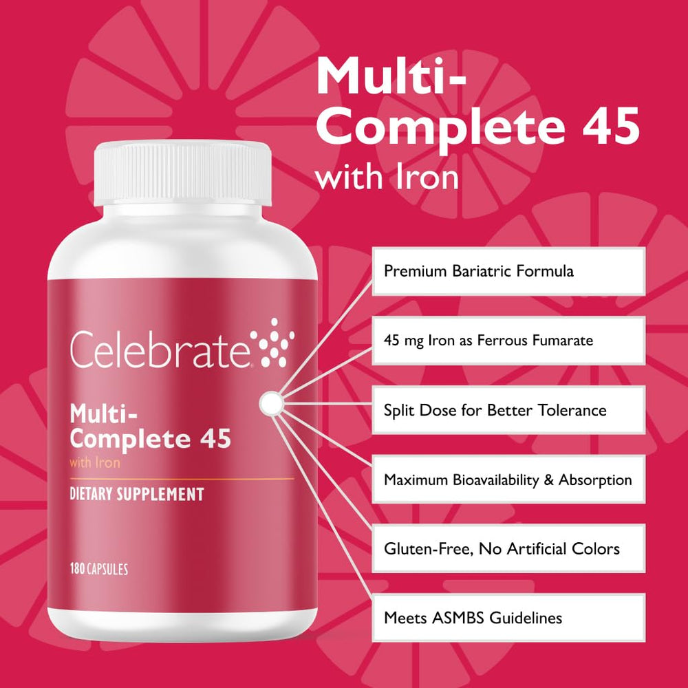 Celebrate Vitamins Multi-Complete capsules closeup highlights iron support for better tolerance.