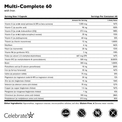 Celebrate Vitamins Multi-Complete capsules closeup shows 60 mg iron for tolerance.