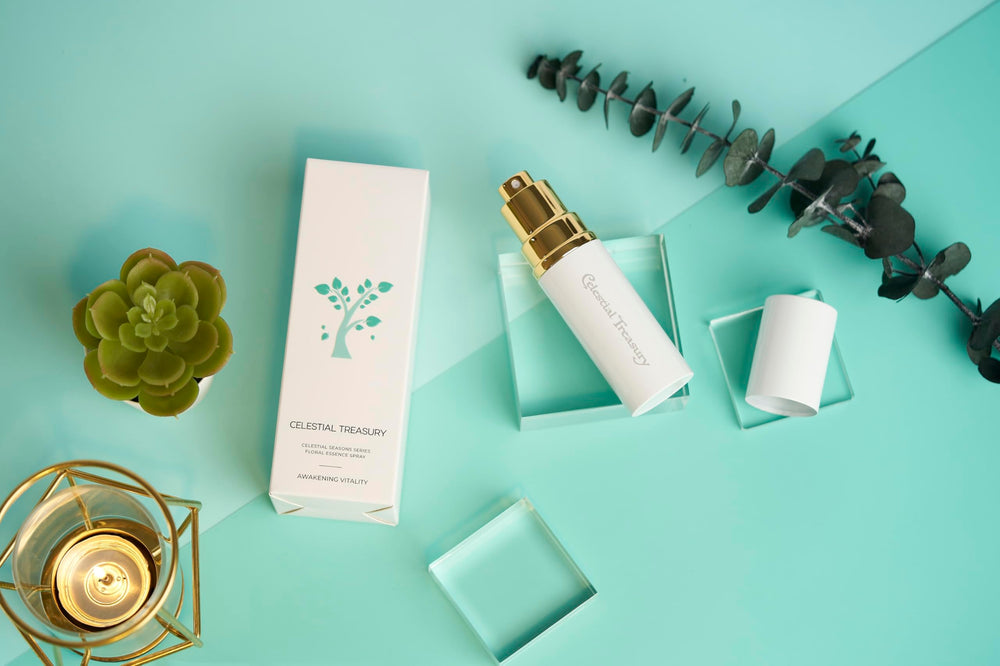 Bottle with botanical imagery highlighting passionfruit, orchid, and lotus for vitality