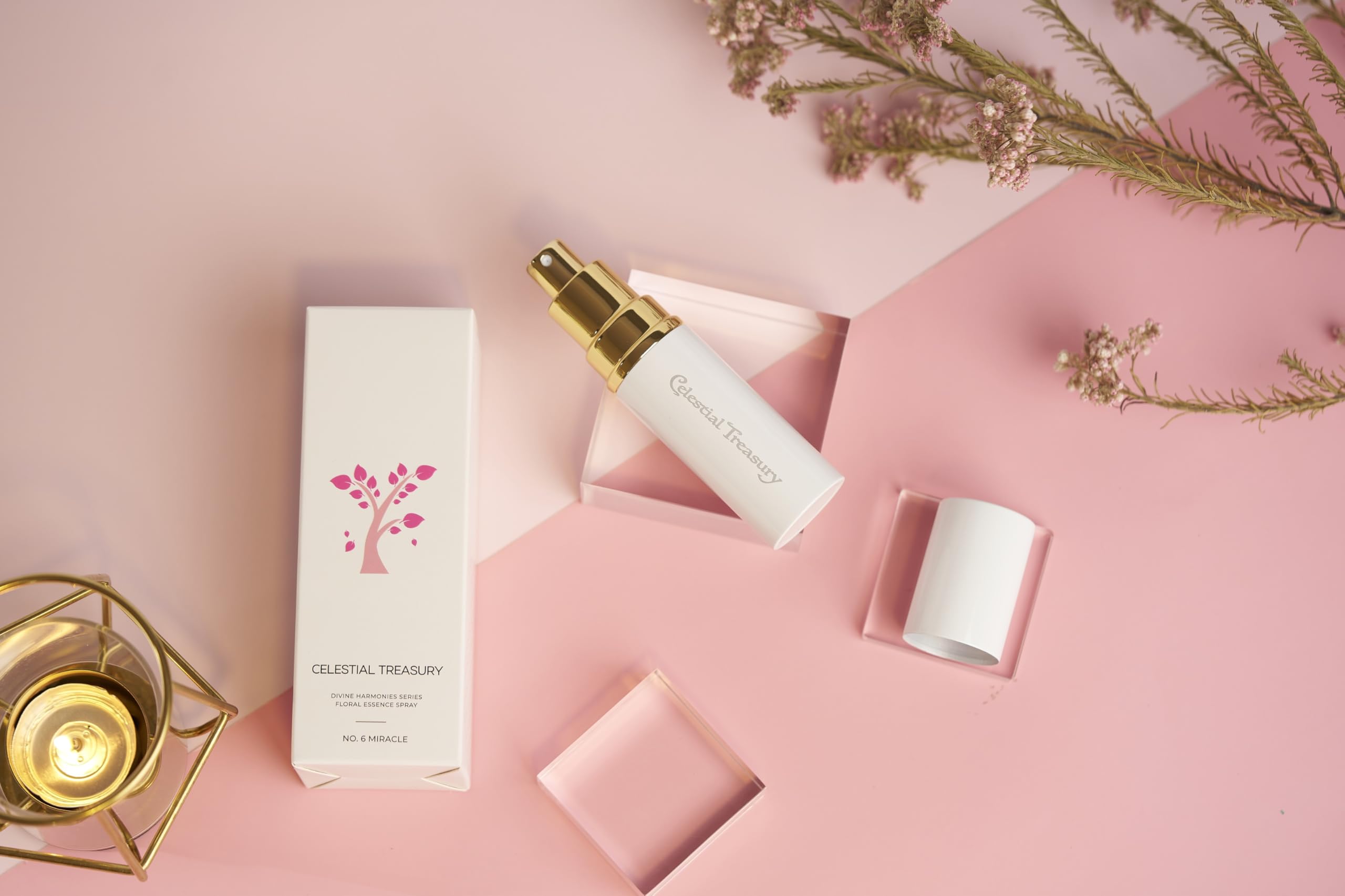 Celestial Treasury Blessed Floral Essence Spray No.6 ingredients collage highlights botanical extracts.