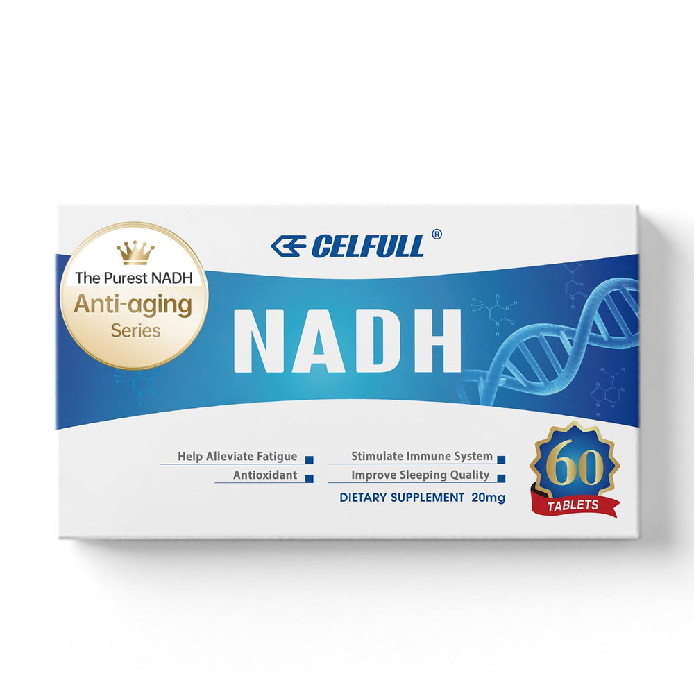 Celfull NADH bottle front showing premium packaging and 20 mg per serving label.