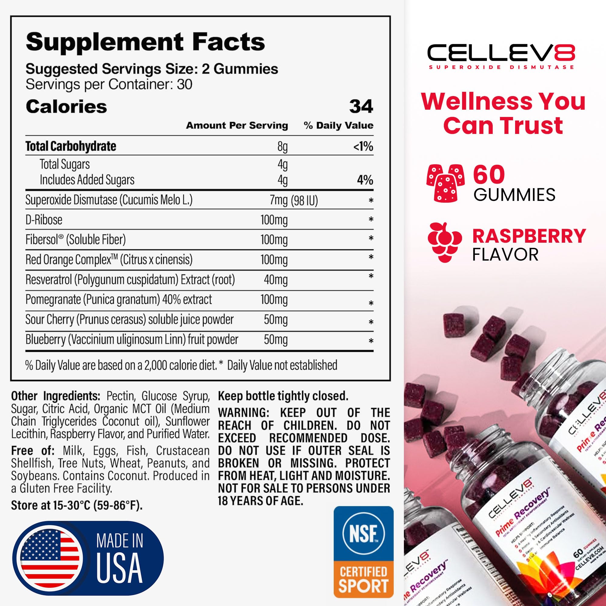 Cellev8 Prime Recovery raspberry gummy close-up with vibrant color for post-workout energy.