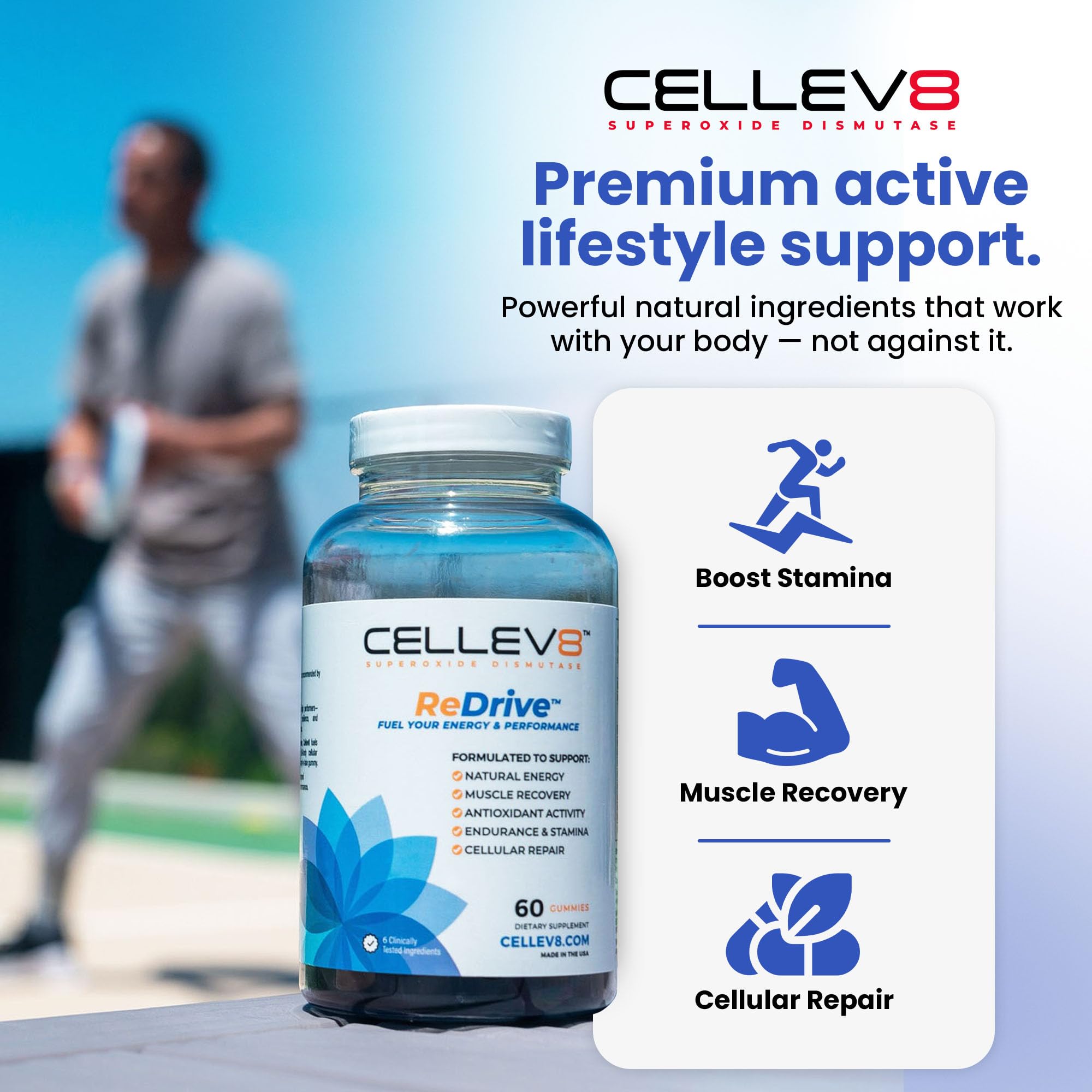 Close-up of Cellev8 ReDrive gummies highlighting raspberry flavor and antioxidants
