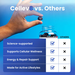 Measuring a serving from Cellev8 ReDrive bottle beside a glass of water