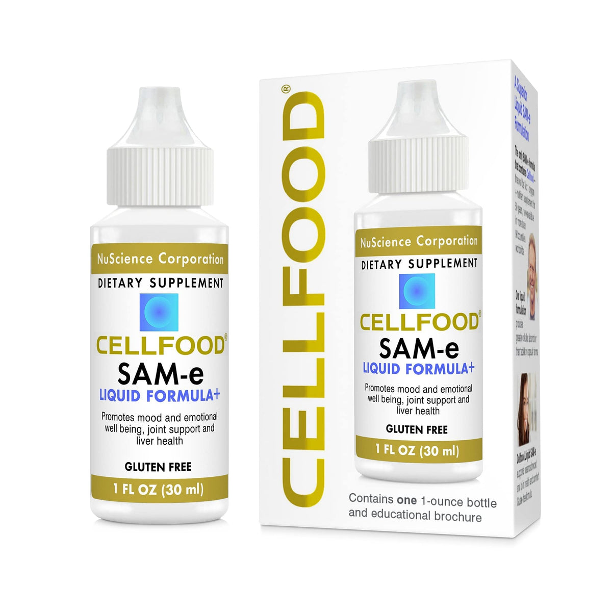 Cellfood SAM-e liquid bottle showing convenient daily use for joint and liver support