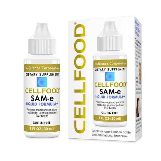 Cellfood SAM-e liquid bottle showing convenient daily use for joint and liver support