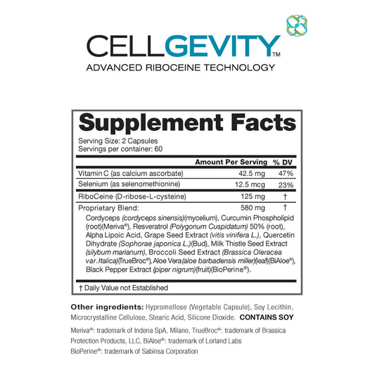 CELLGEVITY bottle label close-up highlighting ingredients for daily antioxidant support