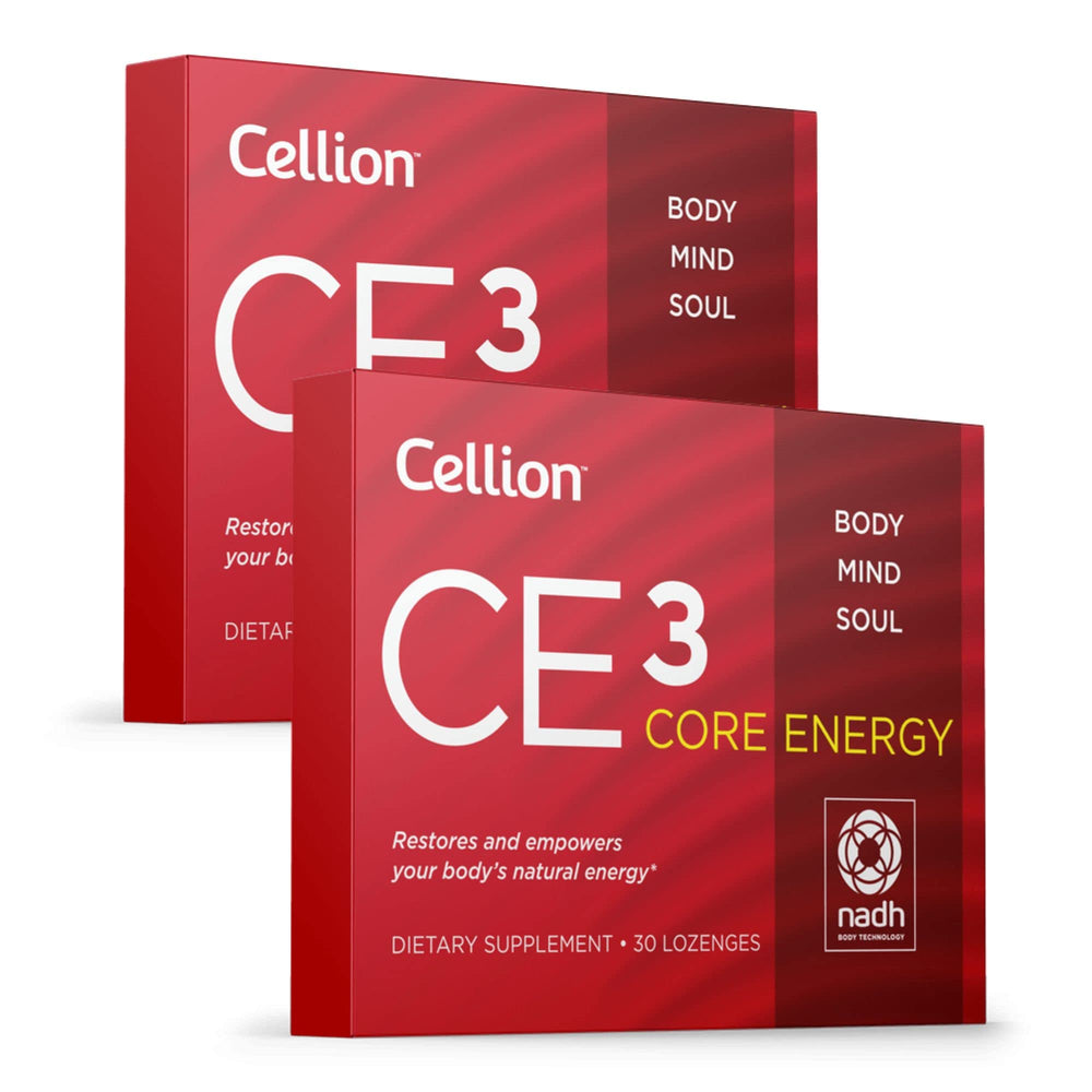 Cellion CE3 Core Energy NADH bottle front illustrates premium energy support for daily vitality.