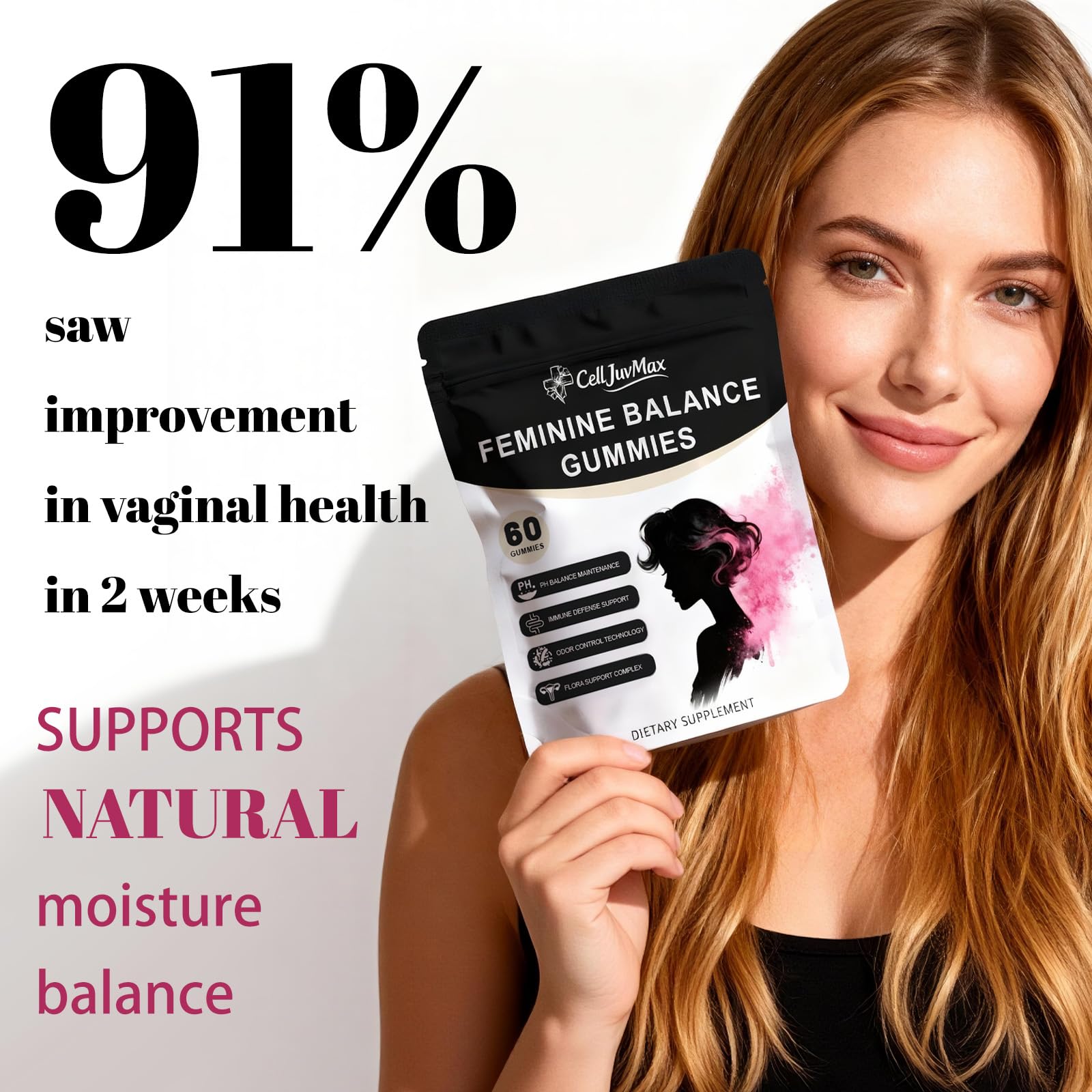 CellJuvMax Feminine Balance packaging highlights vegan, sugar-free formula for daily use.