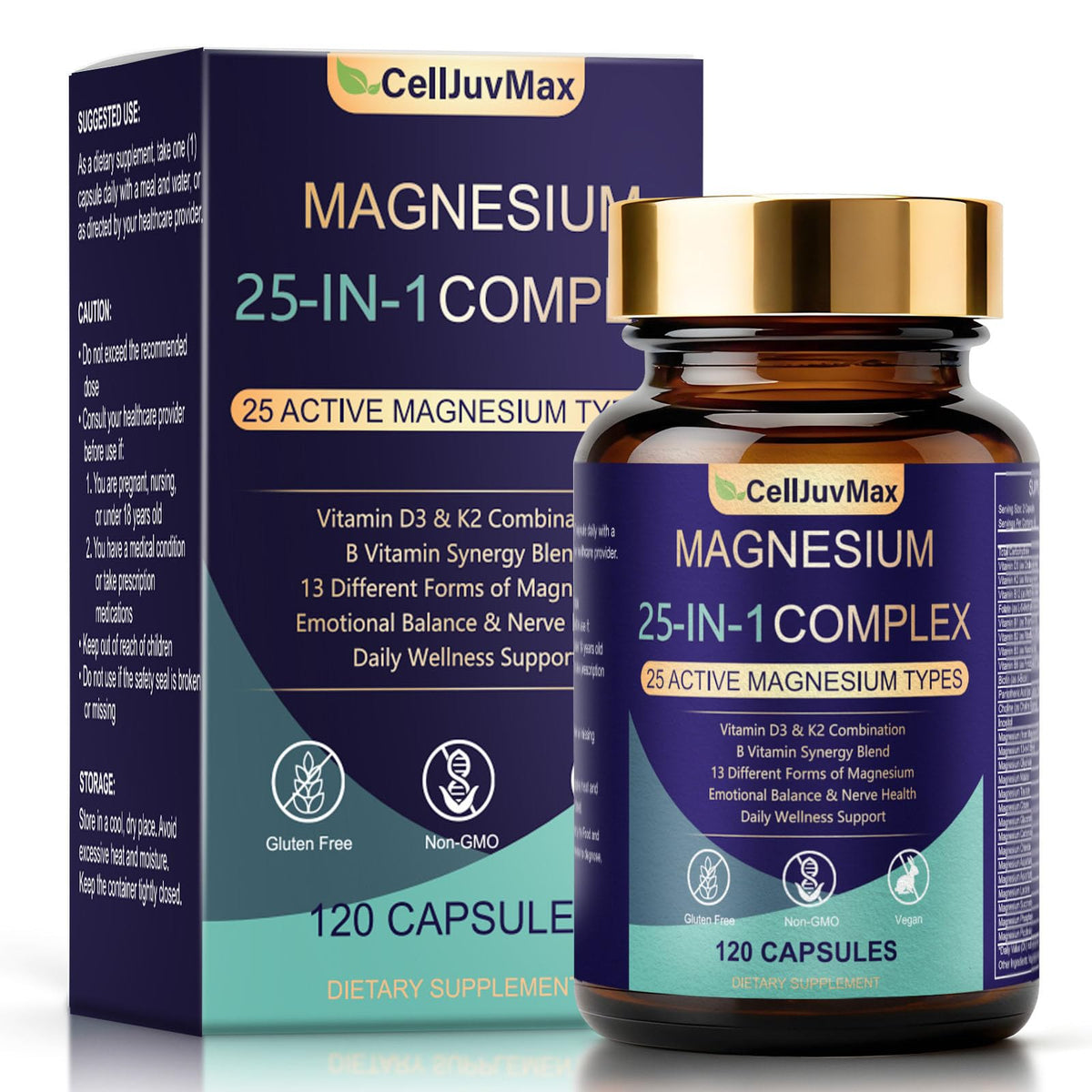 CellJuvMax magnesium bottle with 120 vegan capsules supports daily balance.
