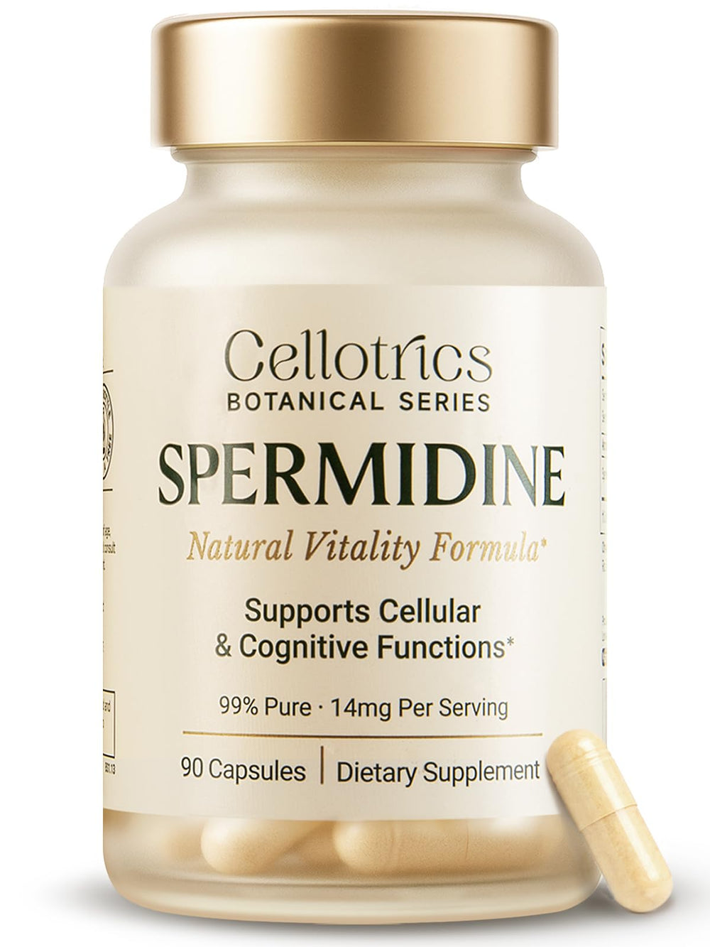 CELLOTRICS spermidine bottle on wood surface suggests daily vitality support.