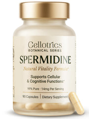 CELLOTRICS spermidine bottle on wood surface suggests daily vitality support.