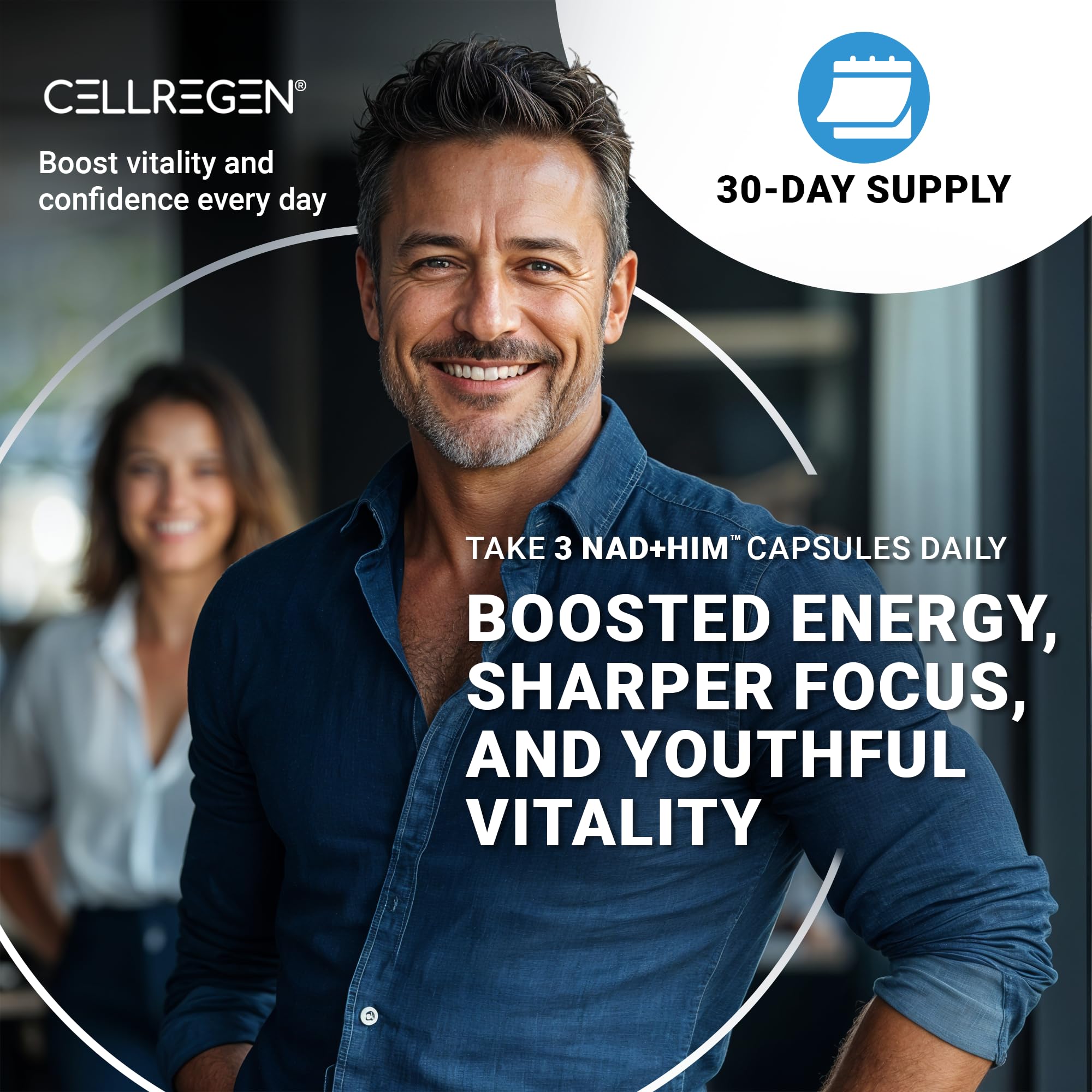 Cellregen NAD Him bottle with label conveys gluten-free, lactose-free appeal.