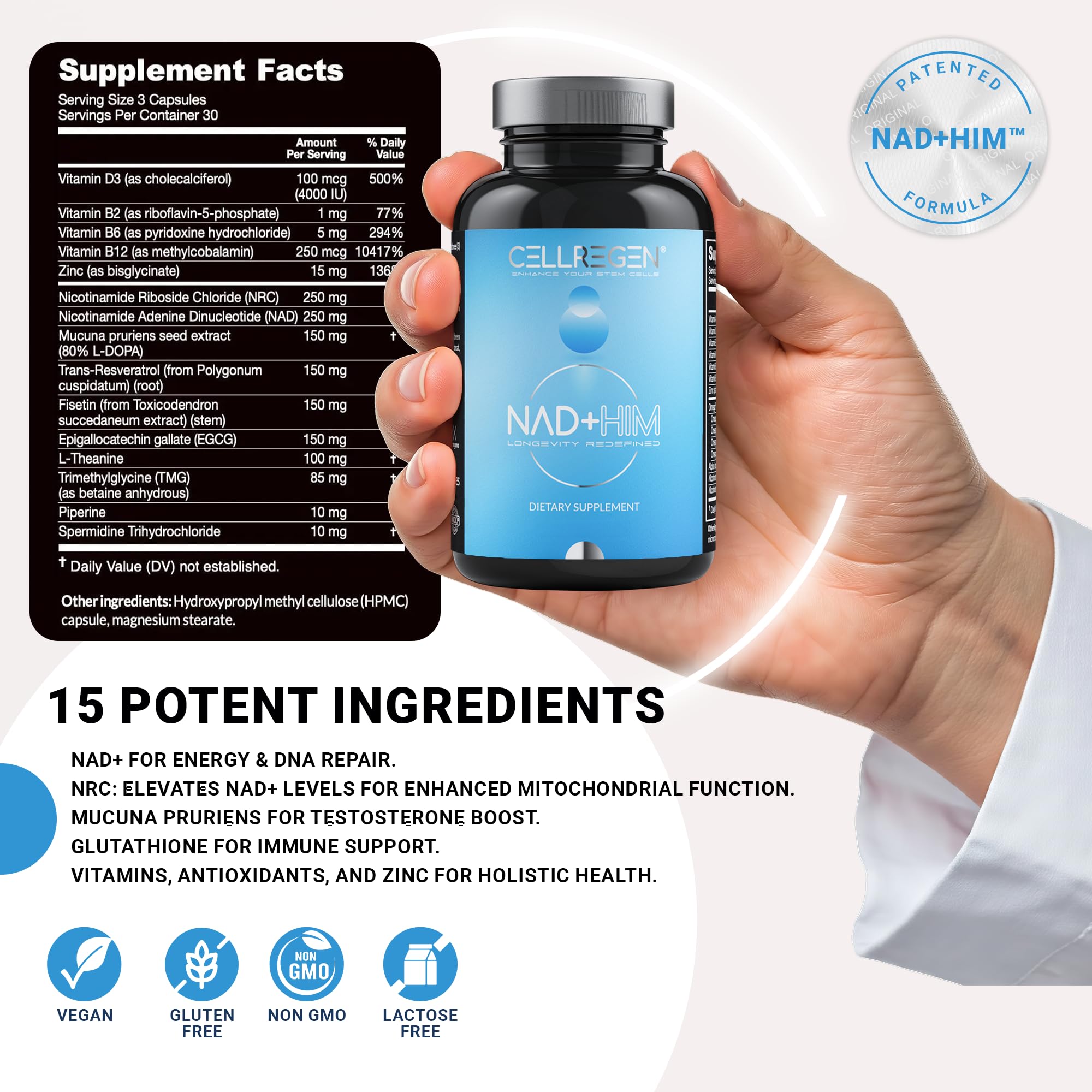 Cellregen NAD Him capsules close-up highlights easy daily dose for energy and focus.