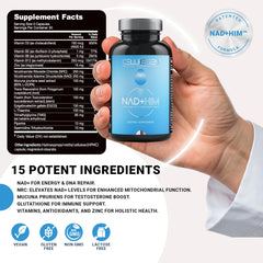 Cellregen NAD Him capsules close-up highlights easy daily dose for energy and focus.
