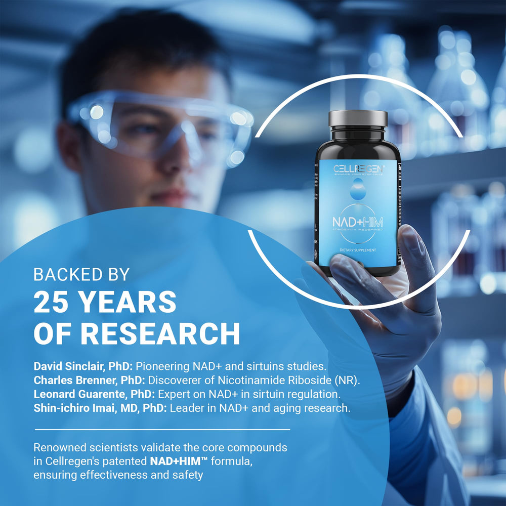 Cellregen NAD Him vitamin blend close-up emphasizes vitamins D, B2, B6, B12.