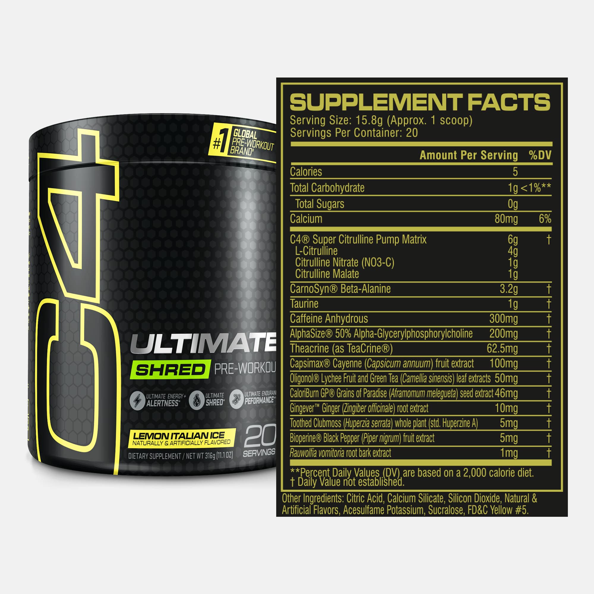 Close-up of Cellucor C4 Ultimate Shred label highlighting ingredients and metabolism.