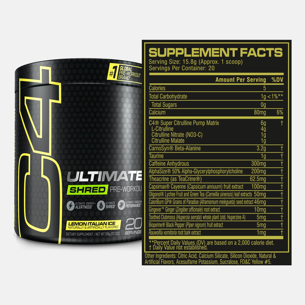 Close-up of Cellucor C4 Ultimate Shred label highlighting ingredients and metabolism.