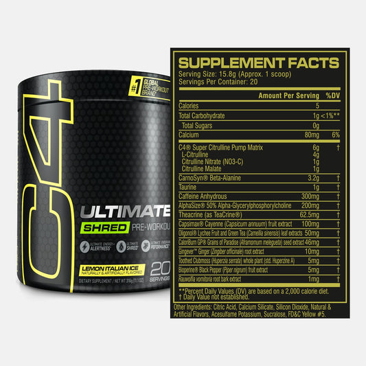 Close-up of Cellucor C4 Ultimate Shred label highlighting ingredients and metabolism.
