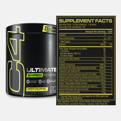 Close-up of Cellucor C4 Ultimate Shred label highlighting ingredients and metabolism.
