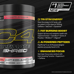 Close-up of Cellucor C4 Ultimate Shred label with ingredients highlighted.
