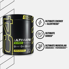 C4 Ultimate Shred scoop dispensing powder for quick pre-workout mix.