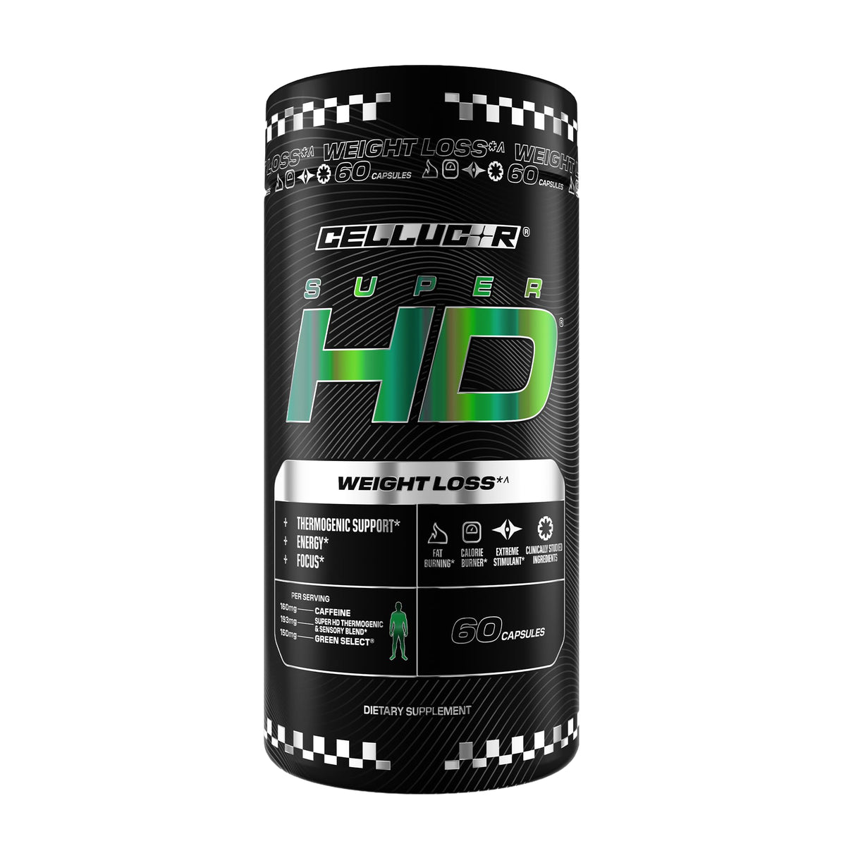 Cellucor SuperHD bottle front showing energy-boosting formula for workouts